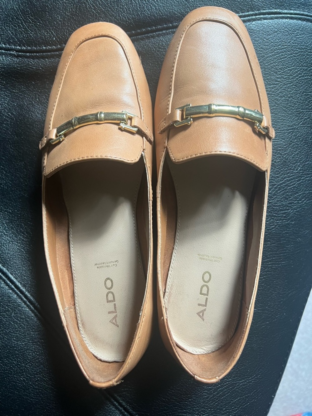 ALDO Tan Leather Loafers with Gold Bit Accent